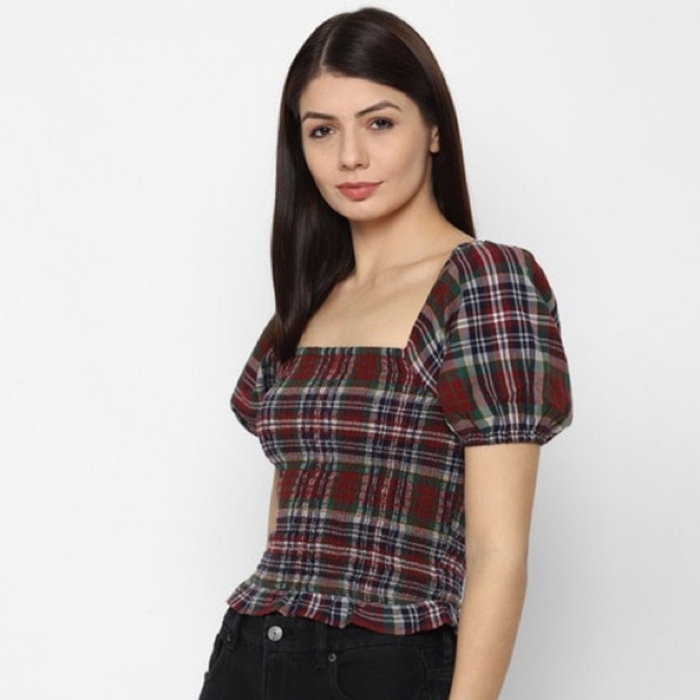 American Eagle Plaid Square-Neck Smocked Top
